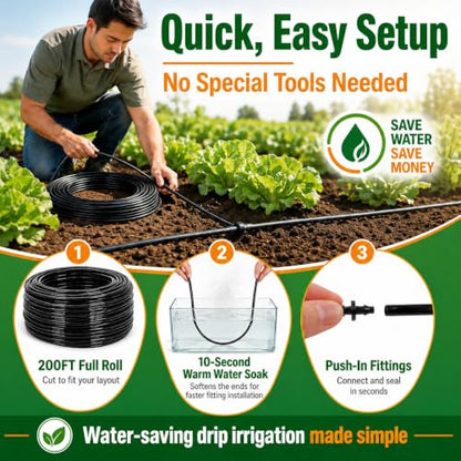 1/4 Drip Irrigation Tubing 200FT, Built-in 0.5 GPH Emitters, 6 Inch Spacing | Slow root-zone watering helps reduce runoff and waste; fittings and end plugs support larger beds, long rows and greenhouses. - size: 200FT