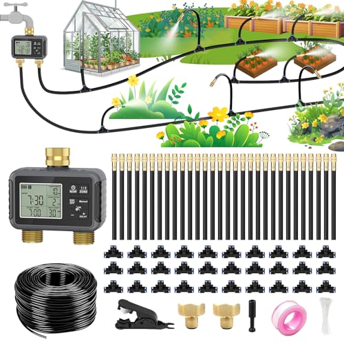 120FT Drip Irrigation System with Smart Water Timer | Dual Metal Tube Design with Brass Connectors, Adjustable Nozzles and Bendable Tubing for Garden, Greenhouse and Lawn - size: 120Ft Double-Tube Brass with Timer