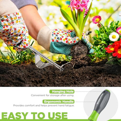WORKPRO Weed Puller Tool, Metal Leverage Base and V-Shaped Forks | Heavy Duty Stainless Steel with Soft Handle for Easy Weed Removal and Deeper Root Digging, Manual Hand Weeder for Gardening