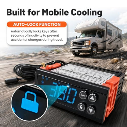 12V DC Digital Refrigeration Thermostat with Automatic Defrost | 30A Cooling Controller with Built-in 10A Defrost Relay for Beverage Cooler, Freezer, Refrigeration Equipment
