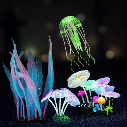 4-Pack Silicone Fluorescent Aquarium Plants & Decor - Realistic Jellyfish, Mushrooms for All Fish Tanks, Essential Decorations