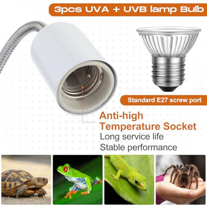 3 Set Reptile Heat Lamp UVA/UVB Turtle Heat Lamp Holder Fixture Clamp Basking Spot Adjustable 50w Full Spectrum Sun Sunbathe Bulb for Turtle Lizard Bearded Dragon Snake Aquarium Amphibian(White)