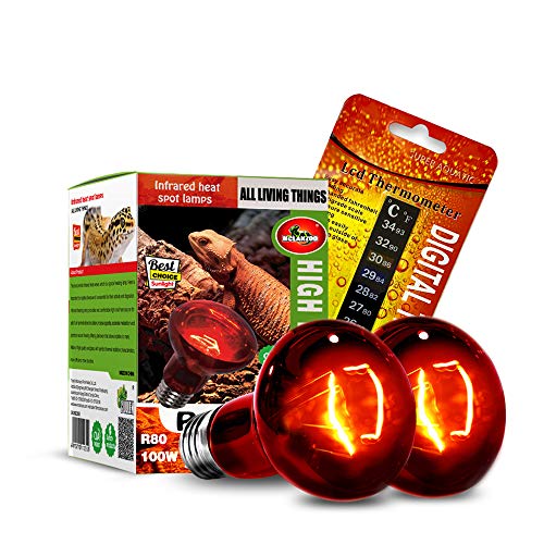 Infrared Heat Lamp Bulbs 100W 2 Pack,Red Basking Spot Light Bulb Reptile Heating lamp for Bearded Dragon,Turtle,Snake,Leopard Gecko,Chicked with Digital Temperature Thermometer - style: 100W(2 Pack)