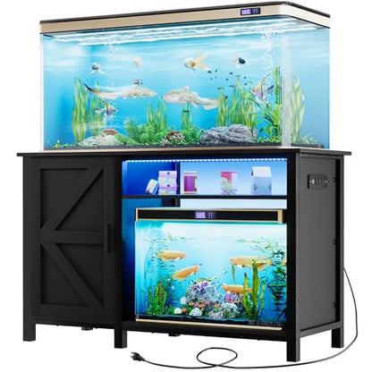 YITAHOME Aquarium Stand with Power Outlets, Black | 55-75 Gallon Fish Tank Stand, Cabinet with RGB Light Strip Suitable for Turtle Tank, Reptile Terrarium, 900LBS Capacity
