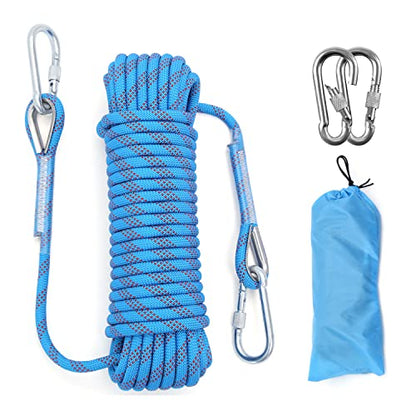 10mm/12mm (32FT/64FT) Climbing Rope, Outdoor Static Rock Climbing Rope, Tree Climbing Rappelling Rope, Escape Nylon Rope, Ice Climbing Equipment Fire Rescue Parachute Rope with 2 Steel Hooks - color: Blue, size: 10mm/32ft