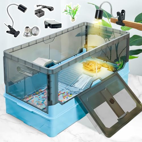 18.1x9.9x9.1 Turtle Tank Kit with Heat Lamp, Filter & Wheels Blue | Aquatic turtle habitat with wheels for moving the tank. Anti-escape lid. Fits small turtles, hermit crabs & frogs - color: Blue, size: 18.1x9.9x9.1 Inch