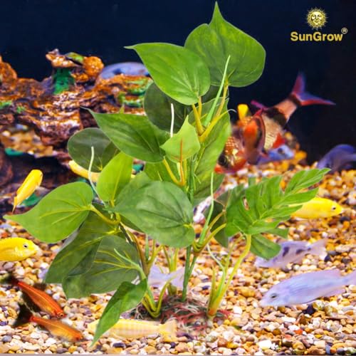 SunGrow Plastic Leaf Plant, Heavy-Duty Ceramic Base, Hiding Spot for Fish, Betta, Angelfish, Gold Fish, Frog, Python, Reptiles, Amphibians (10 Inches, 1 Count) - size: 10 Inches