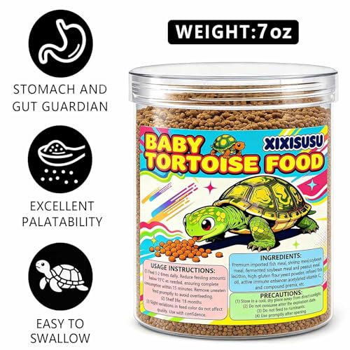 Baby Tortoise Food with Fish & Krill Meal, Spirulina & Astaxanthin | Enhanced with Calcium & Vitamins for Hatchlings & Young Sulcata, Leopard, Russian & Hermann's Tortoises (7 oz)