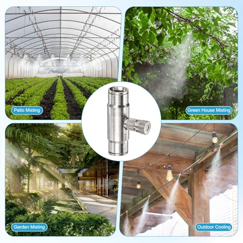M METERXITY 20-Pack Brass Misting Nozzle Tee Kit, 0.1mm Orifice Dia. High Pressure Spray Misting Nozzle Head, Slip Connectors for 3/8 Inch Drip Irrigation Tubing Kit Outdoor [3/16" Threaded] - size: 0.1mm
