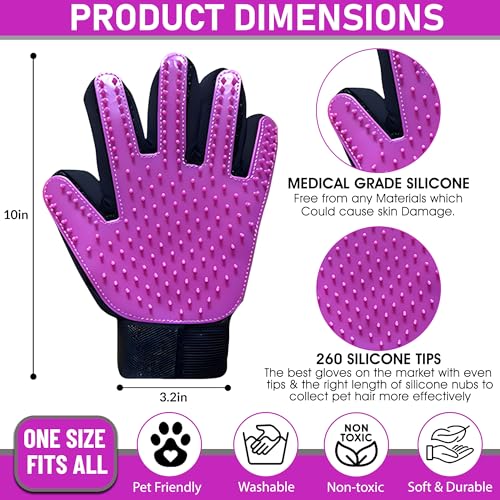 Upgrade Pet Grooming Gloves, Grooming Gloves for Dogs, Cats, Rabbits & Horses with Long and Short Hair, Efficient Pets Hair Remover Mittens - 1 Pair (Purple) - color: Purple