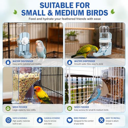 Rypet No-Mess Bird Feeder and Water Dispenser Set for Small Birds | Automatic Bird Feeder, Transparent Acrylic Food Container, Helps Reduce Seed Scatter, for Parakeet Cockatiel Parrot Canary - color: White Feeder + Blue Drinking Bottle