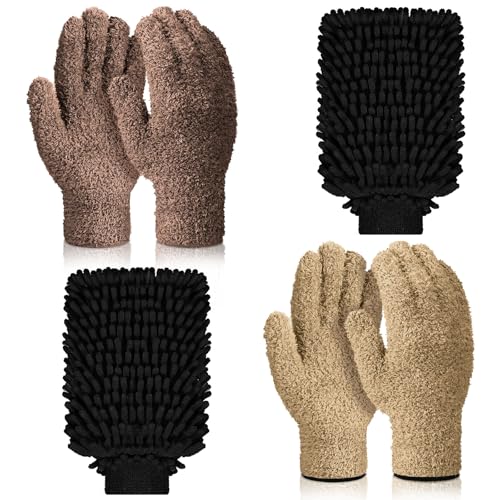 Potchen 6 Pcs Microfiber Dusting Mitt Gloves for Plants Washable Dusting Gloves for House Cleaning Furniture Car Washing - color: Camel,brown,black