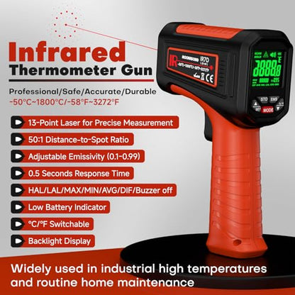 Infrared Thermometer Gun, -58°F to 3272°F, High Temp 50:1 | Built for Kilns, Furnaces & Industrial Maintenance • Fast 0.5s Response • Data Storage Function - color: Orange-Black/-58°F to 3272°F