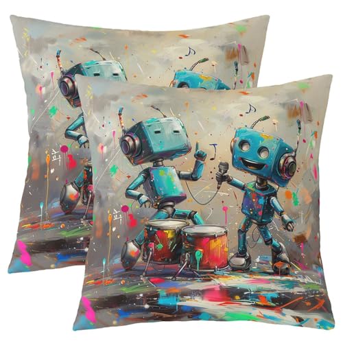 Erosebridal Cartoon Robot Throw Pillow Covers Colorful Graffiti Cushion Covers 18X18 Set of 2,Blue Robots Cushion Cases Modern Equipment Decorative Pillowcases - color: Blue Grey, size: 18" x 18" (Pack of 2)