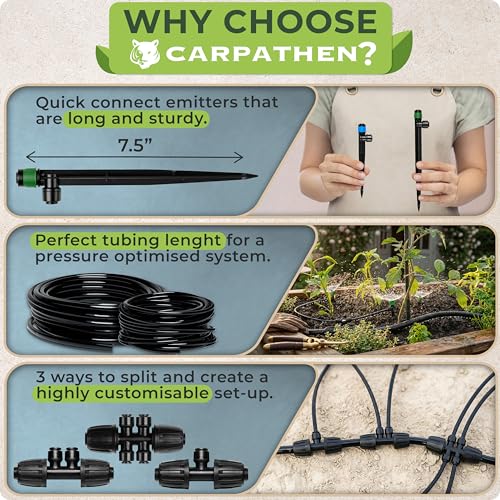 Quick Connect Drip Irrigation System Kit with Sprinkler, 100 feet | For Garden, Yard, Raised Beds, Plants, Lawn, with 5/16" Mainline + 1/4" Tubing + 30 Emitters - size: Quick-Connect 100 feet