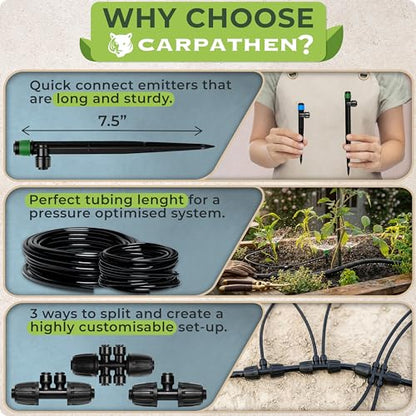 Quick Connect Drip Irrigation System Kit with Sprinkler, 100 feet | For Garden, Yard, Raised Beds, Plants, Lawn, with 5/16" Mainline + 1/4" Tubing + 30 Emitters - size: Quick-Connect 100 feet