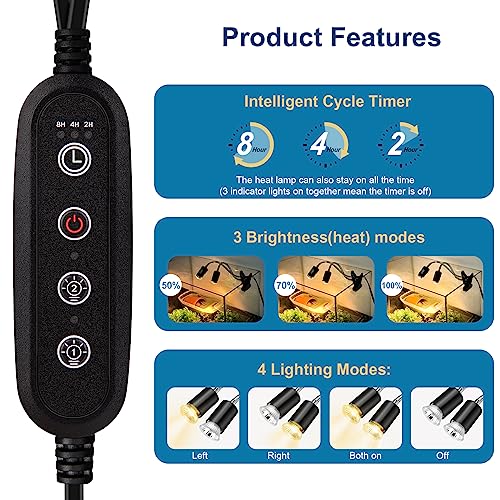 Reptile Heat Lamp, Double-Head Reptile Light Timer, UVA UVB Reptile Light with Clamp for Tortoise, Leopard Gecko, Bearded Dragon, Lizards and More, E26/27 Base with 3 Bulbs - style: Dual-Head-Lamp