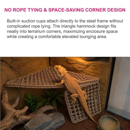 Triangle Bearded Dragon Hammock with Built-in Steel Frame, Flat Stable Corner Reptile Hammock, Handwoven Seagrass Lizard Bed & Climbing Ladder for Reptile Tank Accessories