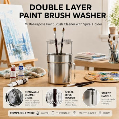 Double Layer Paint Brush Washer, Stainless Steel Oil Paint Brush Cleaner with Spiral Holder, Removable Strainer and Wash Tank for Oil, Acrylic, Watercolor