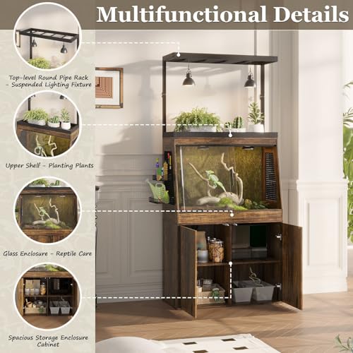 45 Gallon Inclined Reptile Tank with Terrarium Stand, Large Terrarium Reptile Tank Enclosure with Storage Cabinet, Adjustable Shelves and Ventilation Hole Panel, Bearded Dragon Cage, Brown