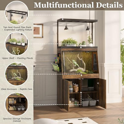 45 Gallon Inclined Reptile Tank with Terrarium Stand, Large Terrarium Reptile Tank Enclosure with Storage Cabinet, Adjustable Shelves and Ventilation Hole Panel, Bearded Dragon Cage, Brown