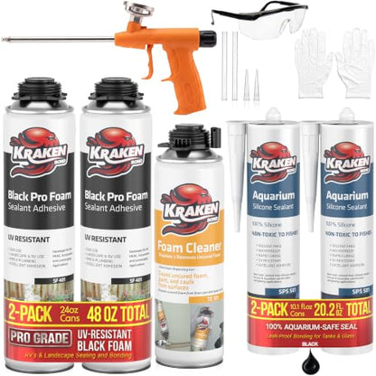 Kraken Bond Black Spray Waterfall Foam Sealant 2x24 oz & Aquarium Silicone Sealant 2x10.1 fl. oz – Bundle for Vivarium, Terrarium, Fountain & Aquascape Background, Foam Gun and Cleaner Included - color: Black Foam Set, size: 2 Pack (Habitat Set)
