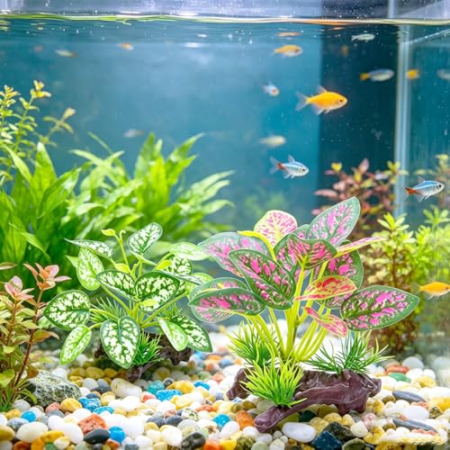 2pcs Reptile Artificial Plants, Terrarium Plants Decorations Supplies, Aquarium Fish Tank Plant, Amphibian Habitat Hideout Tank Accessories (White + Red Leaves)
