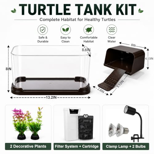 Turtle Tank Starter Kit, Durable PC Turtle Aquarium Kit | Basking Platform & Dimmable Heat Lamp, Baby Aquatic Turtle Tank with Filter,Multi-Function Area for Small Reptiles