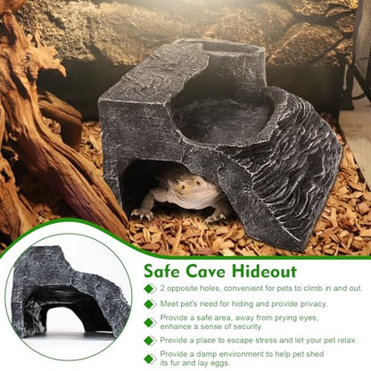 Reptile Hideout Snake Hide Cave Turtle Basking Platform with Food Bowl Shale Scape Step Ledge Climbing Platform Bearded Dragon Tank Accessories Rock Landscaping Decor for Chameleon Lizard Gecko, Large