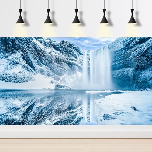 Winter Waterfall Aquarium Background Majestic Winter Nature Iceland Fish Tank Background Splendid Snow Capped Mountain Terrarium Backgrounds Wintry Frosty Icelands Reptile Tank Backgrounds 24x12in - color: Blue_White, size: 24(W)x12(H)inches/ 60(W)*30cm(H