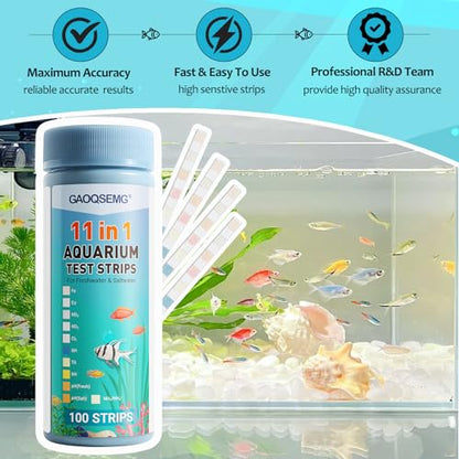 Aquarium Water Test Kit 11 in 1,100 Counts Ammonia Aquarium Test Kits Fish Tank Test Strips Freshwater & Saltwater pH Testing Strips for Ammonia,