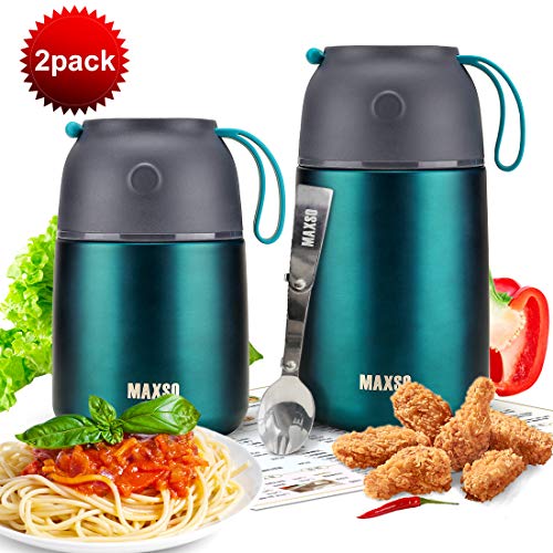 MAXSO 2 Pack Soup Thermo for Hot & Cold Food for Kids Adults, Vacuum Insulated Food Jar Thermal Lunch Containers, Travel Food Flask with Spoon (24 oz,17 oz) (Matte Green) - color: Green
