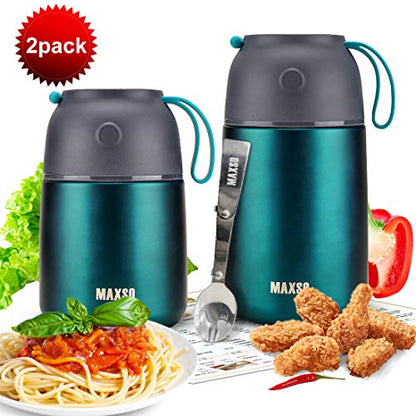 MAXSO 2 Pack Soup Thermo for Hot & Cold Food for Kids Adults, Vacuum Insulated Food Jar Thermal Lunch Containers, Travel Food Flask with Spoon (24 oz,17 oz) (Matte Green) - color: Green