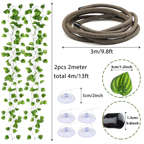 QUOZUO Reptile Tank Accessories, Artificial Plants Vines and Flexible Leaves With Suction Cups, Crested Gecko Tank Long Vines Hide for Climbing, Chameleon, Lizards