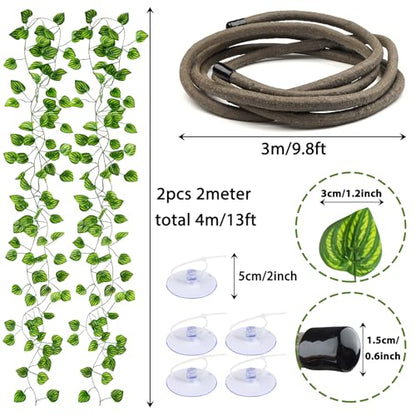 QUOZUO Reptile Tank Accessories, Artificial Plants Vines and Flexible Leaves With Suction Cups, Crested Gecko Tank Long Vines Hide for Climbing, Chameleon, Lizards