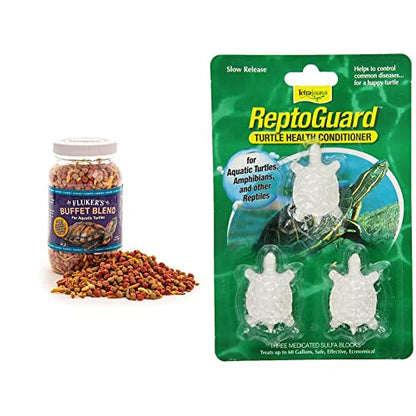 Fluker's Buffet Blend Aquatic Turtle Food, 7.5-Ounce & TetraFauna ReptoGuard Turtle Health Conditioner 3 Count, Slow-Release (19514)