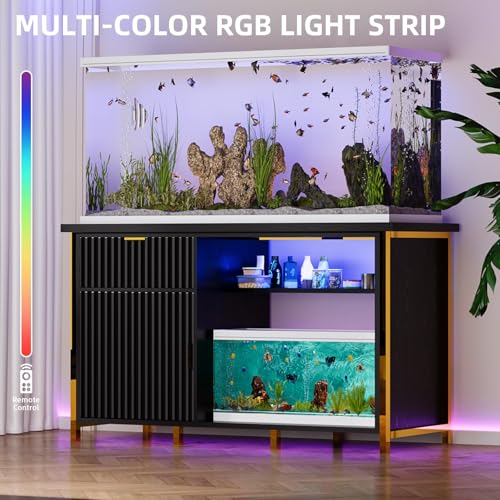 55-75 Gallon Fish Tank Stand, Aquarium Stand with LED Light, Black & Gold | 49 x 20 In Top, Modern Fluted Design, 2 Outlets, 2 USB Ports, Shelf Storage, Metal Frame Support, 1100 LBS, Turtle Tank Stand - color: Black and Gold