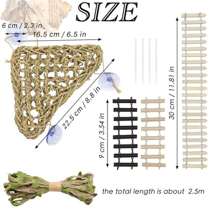 Hermit Crab Climbing Toys Set, Seagrass Hammocks Reptile Ladder Bridge Set Ornamental Fake Grass, Hermit Crab Habitat Tank Accessories, Also for Lizard Hamster Guinea Pig Rats