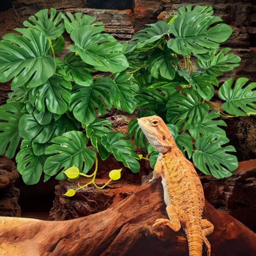 PINVNBY Crested Gecko Tank Accessories Terrarium Plants with Suction Cup Reptile & Amphibian Habitat Plants for Bearded Dragons Lizards Snake Tree Frog (Green Monstera, 2PCS) - color: Green Monstera