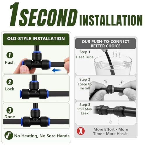 Drip Irrigation Nozzles 40 Pack, 8 Inch Adjustable Sprayers for 1/4 Tubing | 360° bendable stems direct water where needed; tee connectors branch irrigation for pots, raised beds and greenhouse plants.