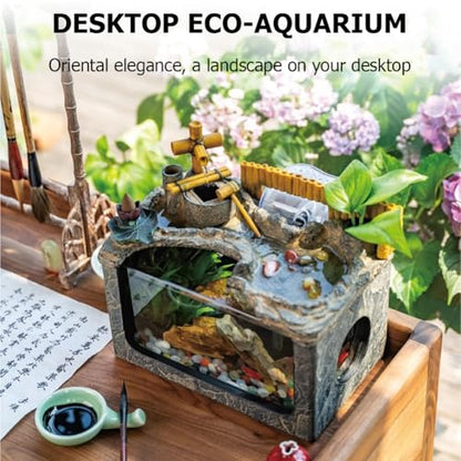 Fish Tanks with Water Fountain,Indoor & Outdoor Small Fish Pond Kit,Water Pump & Filtration & LED Light,Tabletop Aquarium,Waterfall Decoration,Home Office Decor,A