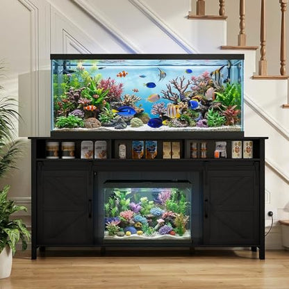 VOWNER 75-120 Gallon Fish Tank Stand with Power Outlet for 2 Tanks, Black | Farmhouse Aquarium Stand with Storage Cabinet & Sliding Barn Doors, Heavy Duty Reptile Tank Stand, 1000LBS Capacity - color: Black