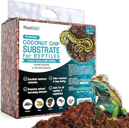 Premium Coconut Chip Substrate for Reptiles | 10 lb Compressed Block Expands up to 72 Quarts | Natural Bedding for Ball Python, Tortoise, Bearded Dragon Habitats