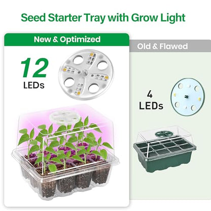 Seed Starter Trays with 12-LED Grow Lights, Clear, 5 Pack | 5 clear-base seedling kits, 60 cells, 12-LED grow light per tray, vented humidity domes, drainage holes, 1-to-5 USB cable - color: Clear, size: 5 Packs