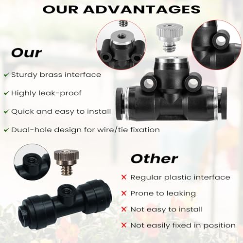 48 Pcs Misting Nozzles Kit,0.012 Orifice (0.3 mm) Mister Nozzles | Brass,10/24 UNC Nozzles,1/4 Inch Sliding Lock Tees for Outdoor Cooling System 20 Tees,20 Nozzles,4 Brass Plugs,4 Black Plugs - size: 48 Pcs Misting Nozzles Kit