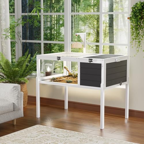 Wooden Large Tortoise Habitat with Lamp Stand| Detachable Legs, Reptile Tortoise Table Cage Enclosure Indoor/Outdoor, Turtle House with Pull-Out Tray for Lizards, Geckos, Easy to Clean