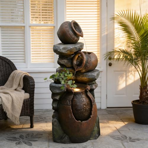 Rustic Jar Outdoor Water Fountain with Planter 38.5" Large Tiered Waterfall with Warm LED Lights, Handcrafted Resin Fountain for Zen Garden, Deck & Indoor Home Decor
