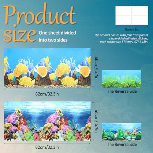 2 Pack Aquarium Backgrounds, Double-Sided Fish Tank Wallpaper, 32 X 16 In | 3D Cora Water Plants Terrarium Background with Adhesive Tape, Ocean Theme Fish Tank Backdrop
