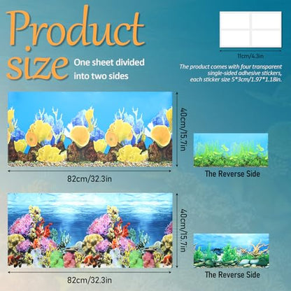 2 Pack Aquarium Backgrounds, Double-Sided Fish Tank Wallpaper, 32 X 16 In | 3D Cora Water Plants Terrarium Background with Adhesive Tape, Ocean Theme Fish Tank Backdrop