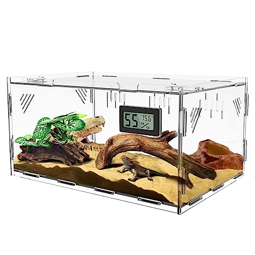 Reptile Terrariums, with Temperature Hygrometer, 15.7"x9.9"x7.1"Acrylic Reptile Breeding Box Terrarium Cage Tank for Small Reptile Insect Home Office - size: Terrestrial L (No Tray)
